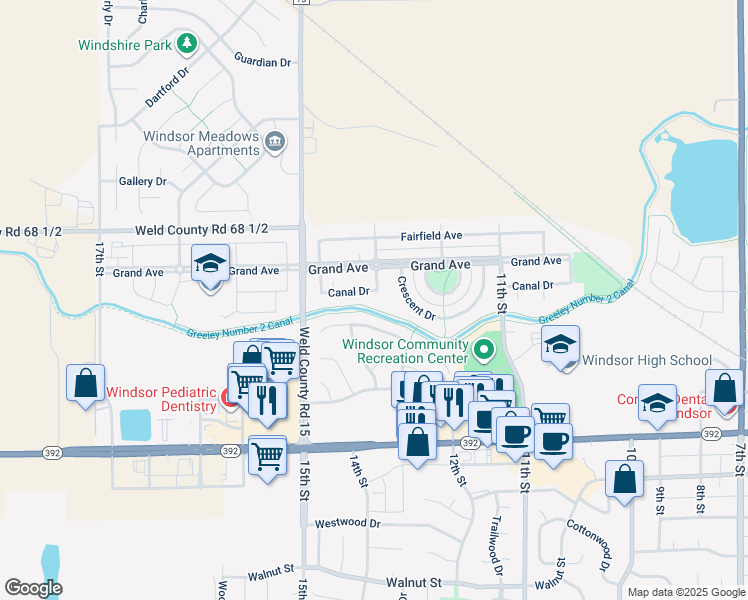 map of restaurants, bars, coffee shops, grocery stores, and more near 1401 Canal Drive in Windsor
