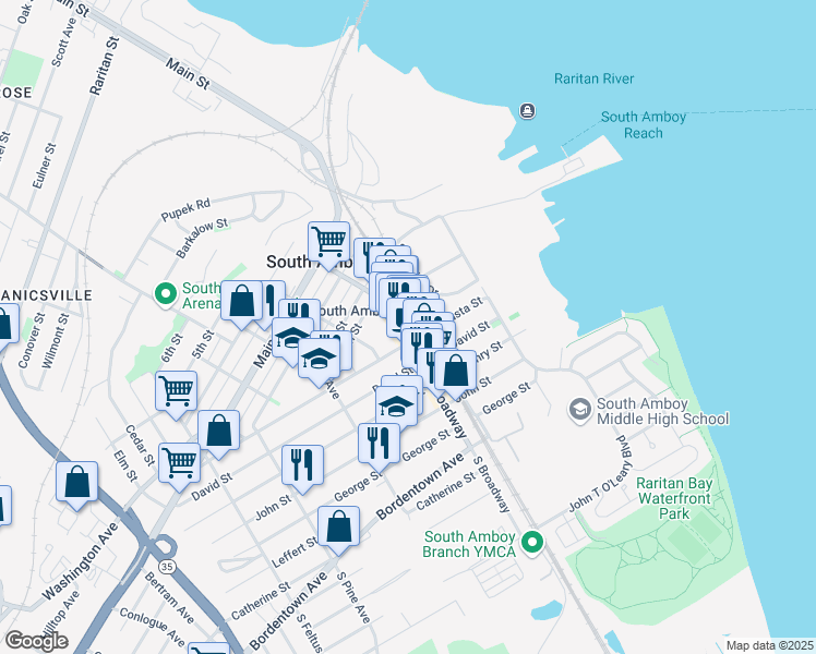 map of restaurants, bars, coffee shops, grocery stores, and more near 125 North Broadway Street in South Amboy