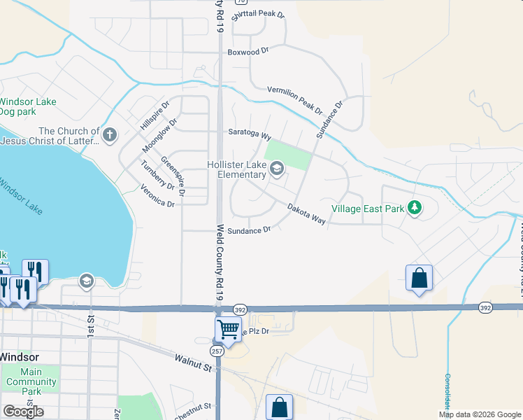 map of restaurants, bars, coffee shops, grocery stores, and more near 419 Wind River Drive in Windsor