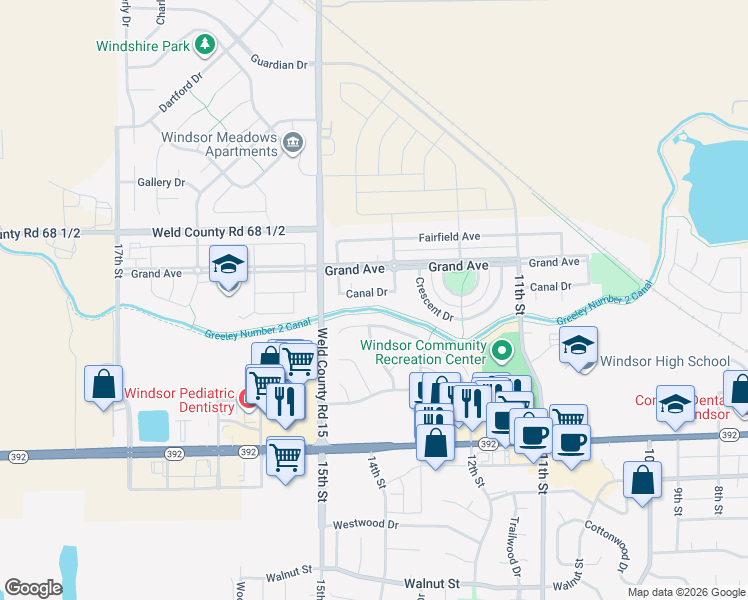 map of restaurants, bars, coffee shops, grocery stores, and more near 1413 Canal Drive in Windsor