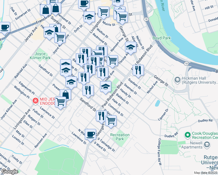 map of restaurants, bars, coffee shops, grocery stores, and more near 175 Commercial Avenue in New Brunswick