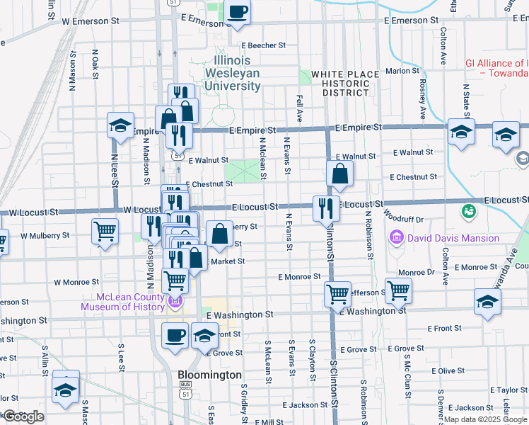 map of restaurants, bars, coffee shops, grocery stores, and more near North Mclean Street in Bloomington