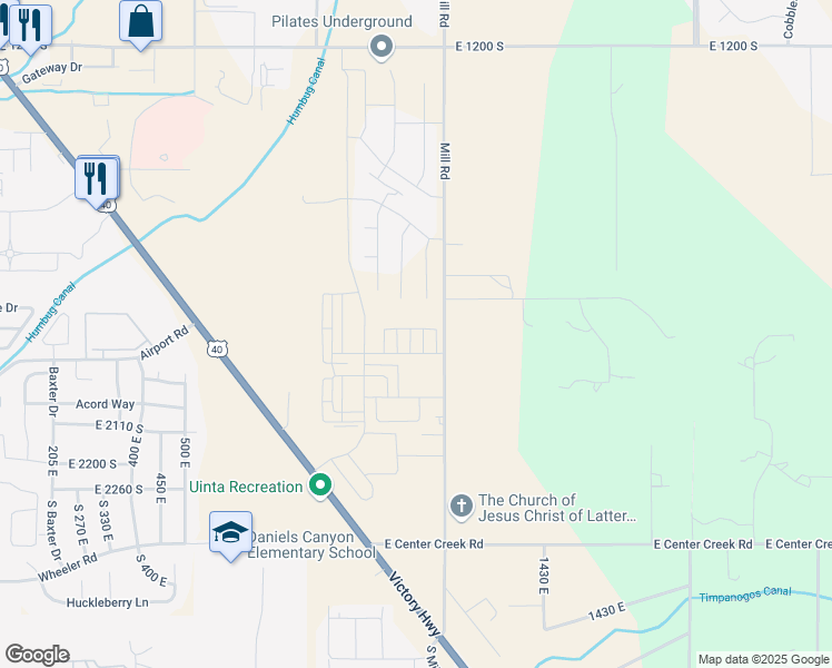 map of restaurants, bars, coffee shops, grocery stores, and more near 1854 South 1160 East in Daniel