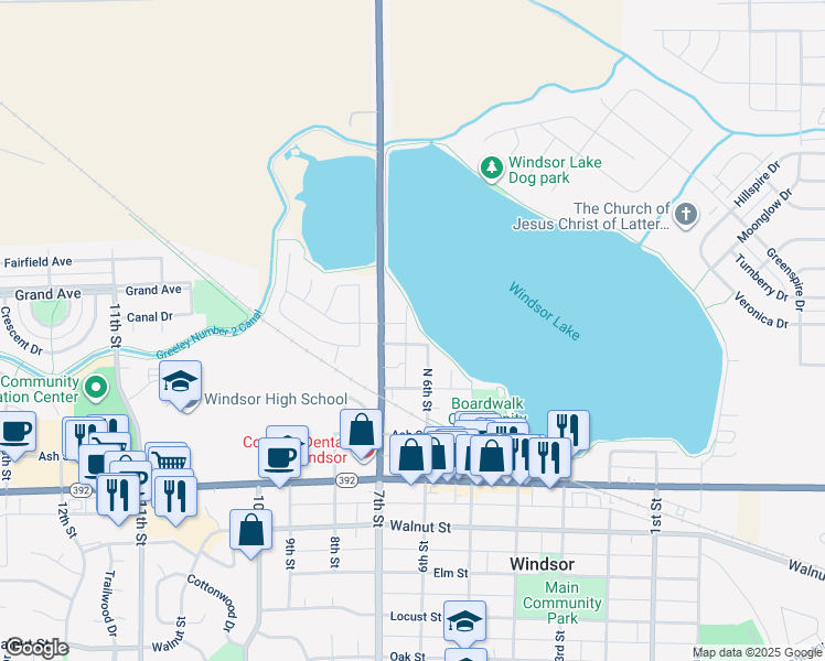 map of restaurants, bars, coffee shops, grocery stores, and more near 313 North 7th Street in Windsor