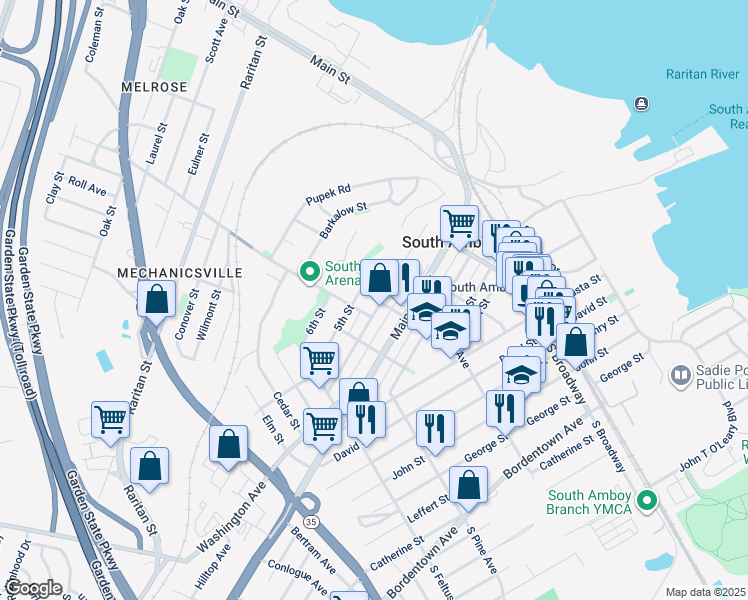 map of restaurants, bars, coffee shops, grocery stores, and more near 293 5th Street in South Amboy