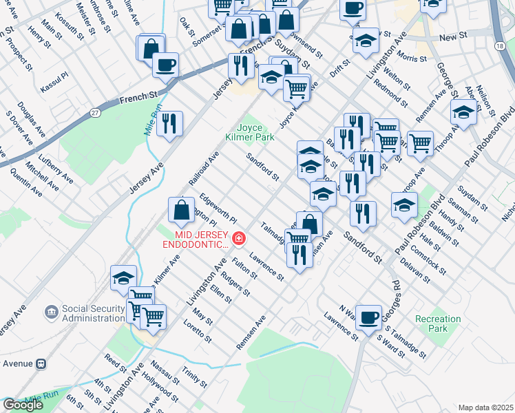map of restaurants, bars, coffee shops, grocery stores, and more near 3 Stratford Place in New Brunswick