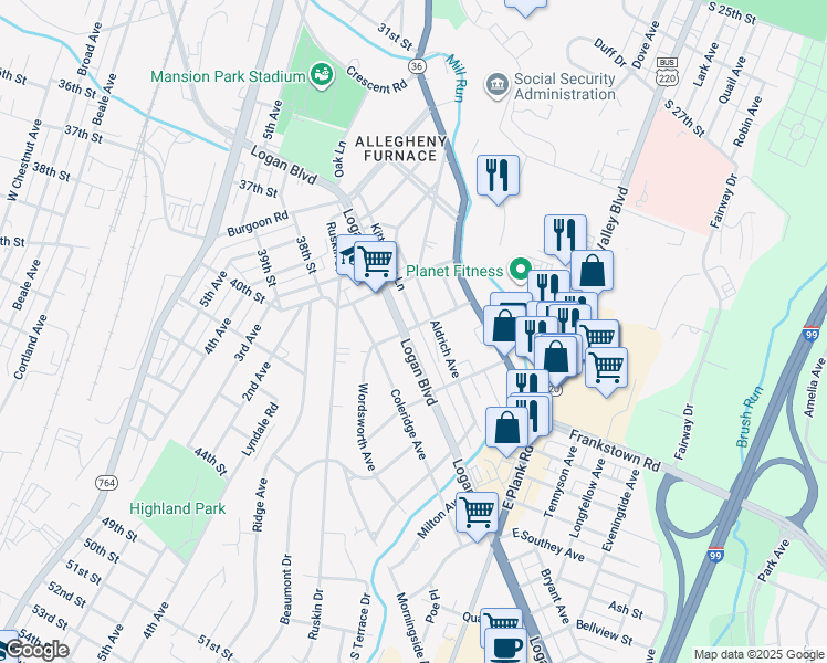 map of restaurants, bars, coffee shops, grocery stores, and more near 112 Aldrich Avenue in Altoona