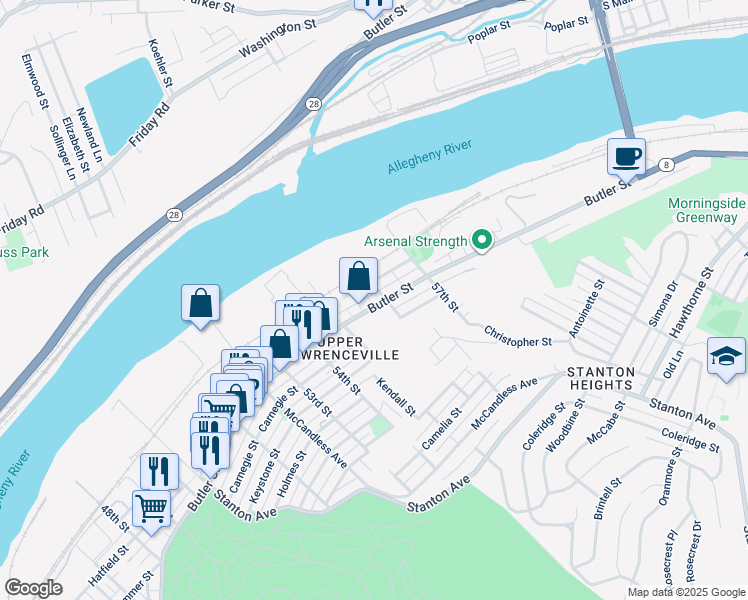 map of restaurants, bars, coffee shops, grocery stores, and more near 5600 Harrison Street in Pittsburgh