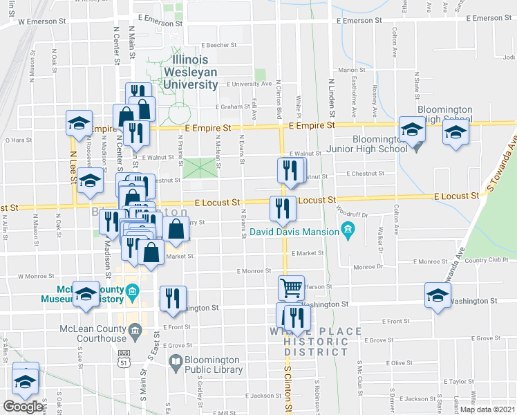 map of restaurants, bars, coffee shops, grocery stores, and more near 510 East Locust Street in Bloomington