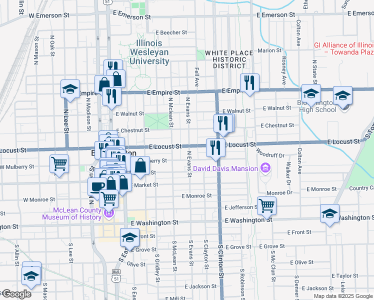 map of restaurants, bars, coffee shops, grocery stores, and more near 804 North Evans Street in Bloomington