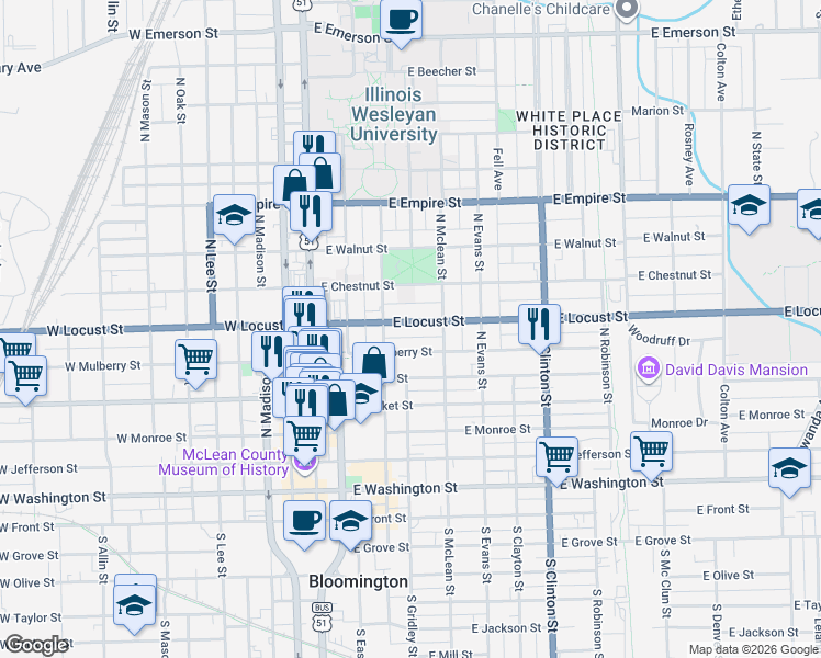 map of restaurants, bars, coffee shops, grocery stores, and more near 302 East Locust Street in Bloomington