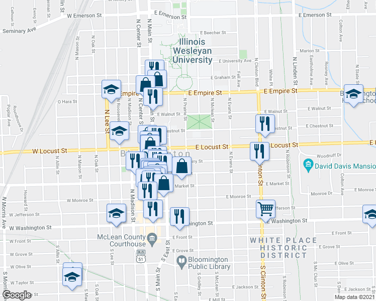 map of restaurants, bars, coffee shops, grocery stores, and more near 302 East Locust Street in Bloomington