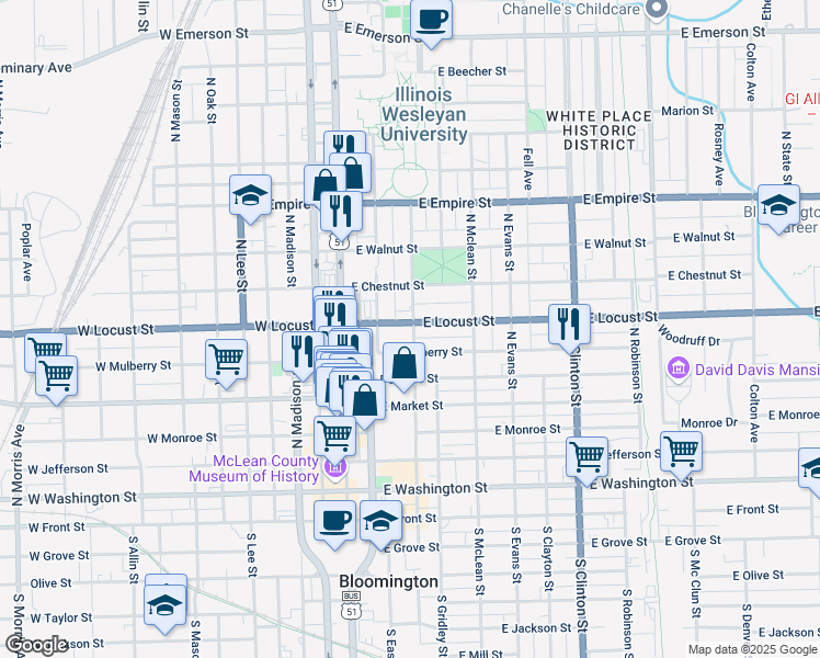 map of restaurants, bars, coffee shops, grocery stores, and more near 302 East Locust Street in Bloomington
