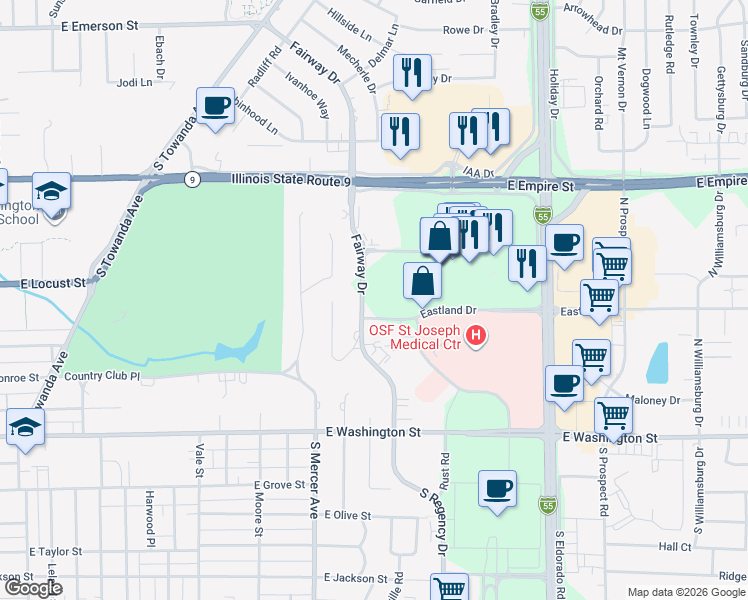 map of restaurants, bars, coffee shops, grocery stores, and more near 326 Fairway Drive in Bloomington