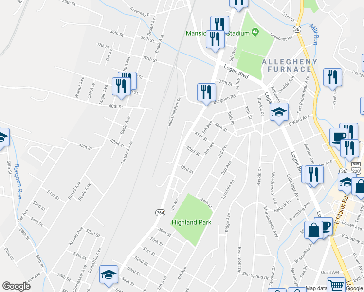 map of restaurants, bars, coffee shops, grocery stores, and more near 4206 6th Avenue in Altoona
