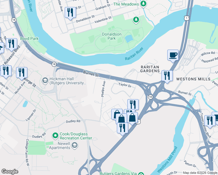 map of restaurants, bars, coffee shops, grocery stores, and more near 24A Dewey Drive in New Brunswick