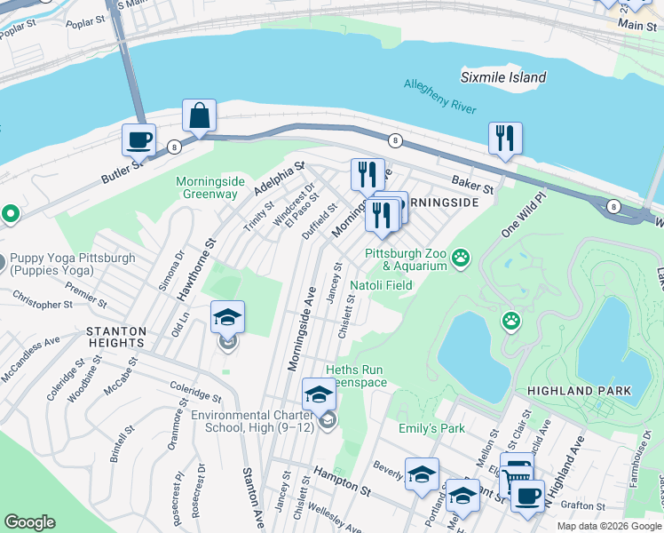 map of restaurants, bars, coffee shops, grocery stores, and more near 1669 Jancey Street in Pittsburgh