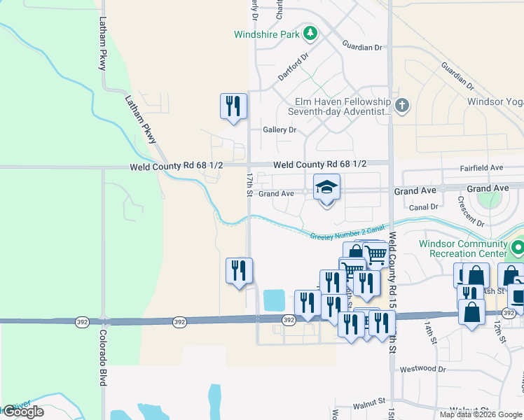 map of restaurants, bars, coffee shops, grocery stores, and more near 1687 Grand Avenue in Windsor