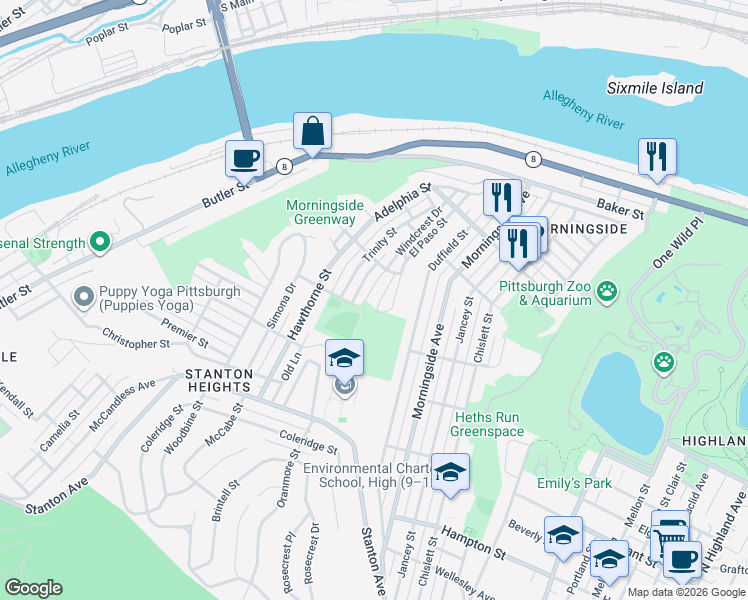 map of restaurants, bars, coffee shops, grocery stores, and more near 1526 Windcrest Drive in Pittsburgh