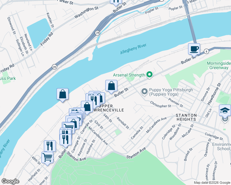 map of restaurants, bars, coffee shops, grocery stores, and more near 5600 Harrison Street in Pittsburgh