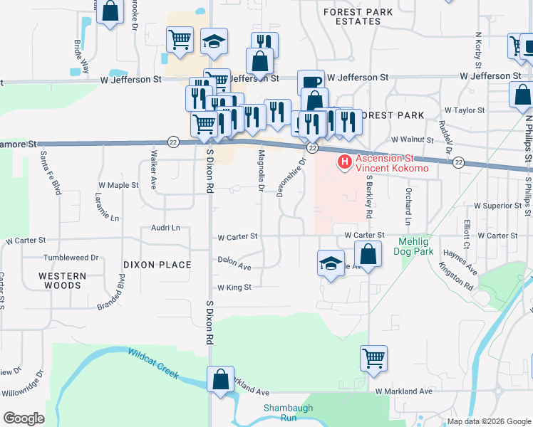 map of restaurants, bars, coffee shops, grocery stores, and more near 314 Magnolia Drive in Kokomo