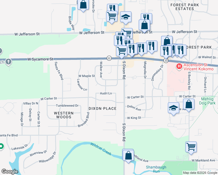 map of restaurants, bars, coffee shops, grocery stores, and more near 2526 Wickersham Drive East in Kokomo