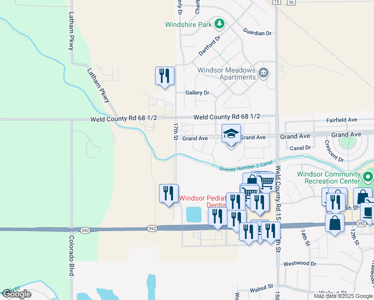 map of restaurants, bars, coffee shops, grocery stores, and more near 1687 Grand Avenue in Windsor