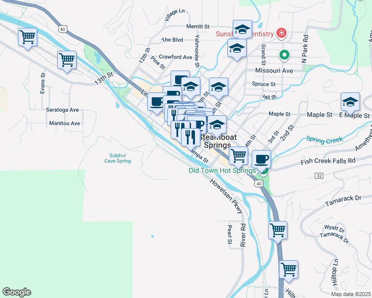 map of restaurants, bars, coffee shops, grocery stores, and more near 700 Yampa Street in Steamboat Springs