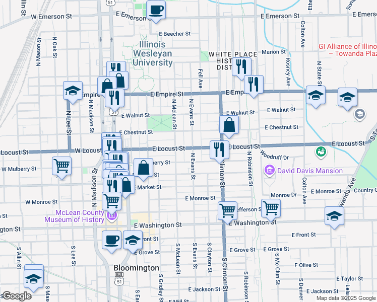 map of restaurants, bars, coffee shops, grocery stores, and more near 407 1/2 East Locust Street in Bloomington