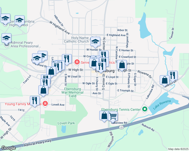 map of restaurants, bars, coffee shops, grocery stores, and more near 123-129 West High Street in Ebensburg