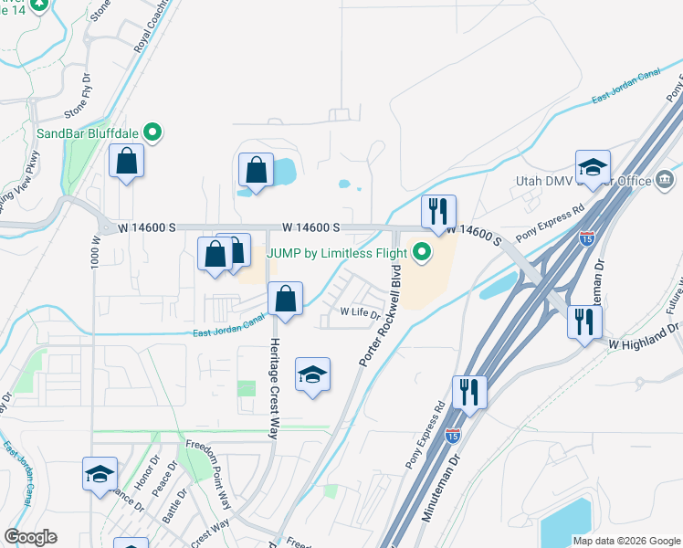 map of restaurants, bars, coffee shops, grocery stores, and more near 621 West 14600 South in Bluffdale
