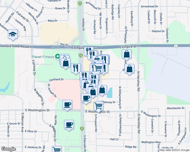 map of restaurants, bars, coffee shops, grocery stores, and more near 500-532 N Prospect Rd in Bloomington