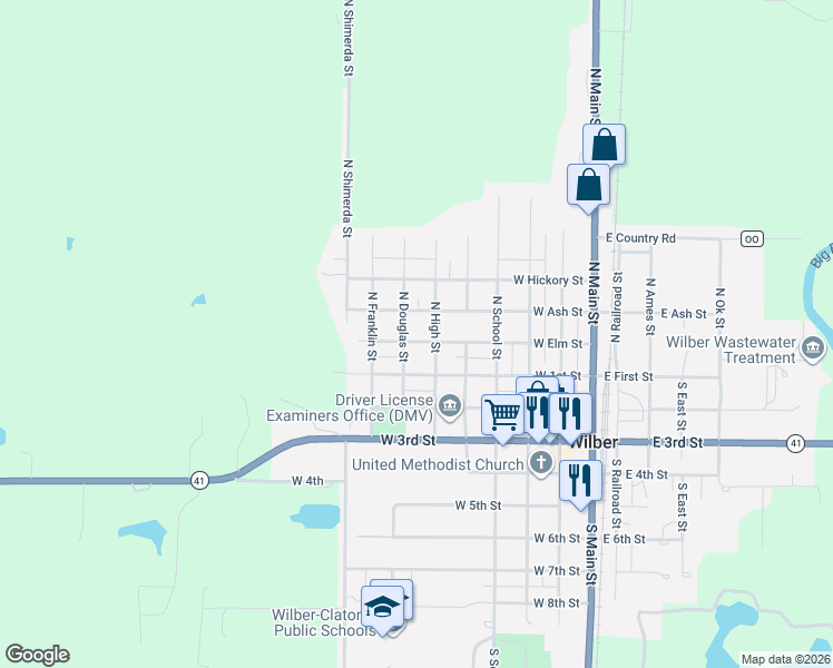 map of restaurants, bars, coffee shops, grocery stores, and more near 220 North Douglas Street in Wilber