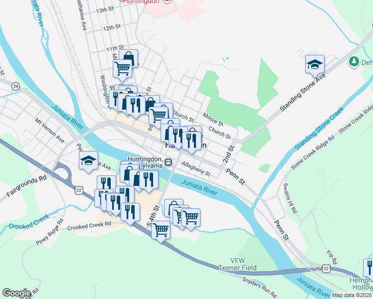 map of restaurants, bars, coffee shops, grocery stores, and more near in Huntingdon