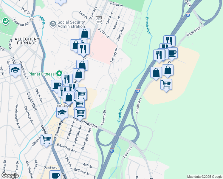 map of restaurants, bars, coffee shops, grocery stores, and more near Fairway Drive in Altoona