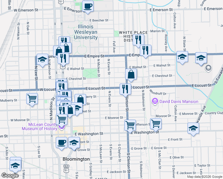 map of restaurants, bars, coffee shops, grocery stores, and more near 804 North Evans Street in Bloomington