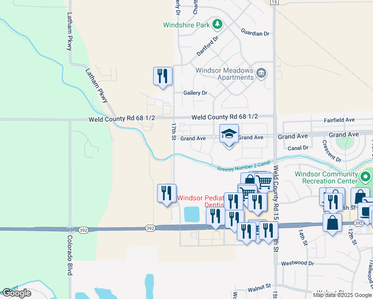map of restaurants, bars, coffee shops, grocery stores, and more near 1687 Grand Avenue in Windsor