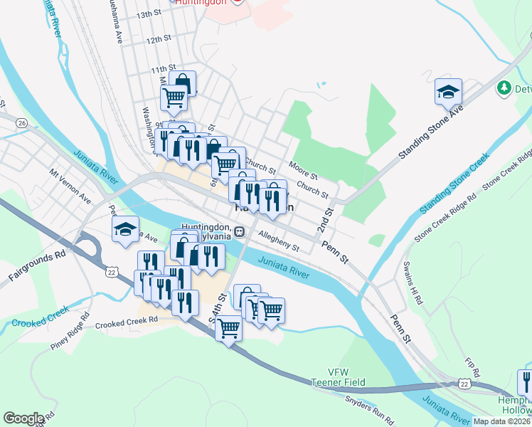 map of restaurants, bars, coffee shops, grocery stores, and more near in Huntingdon