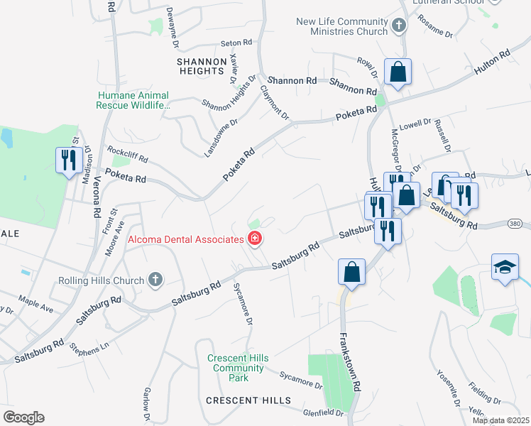 map of restaurants, bars, coffee shops, grocery stores, and more near 5785 Saltsburg Road in Verona