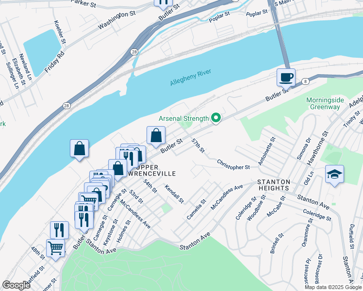 map of restaurants, bars, coffee shops, grocery stores, and more near 5633 Butler Street in Pittsburgh