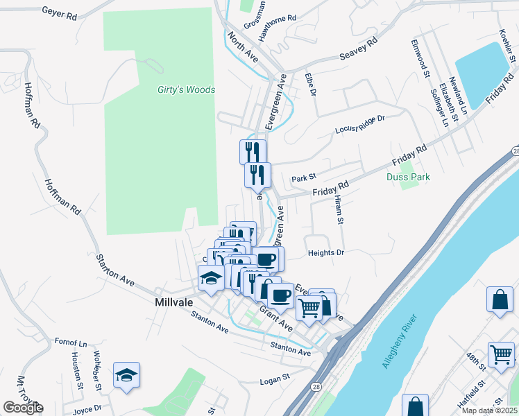 map of restaurants, bars, coffee shops, grocery stores, and more near 601 Evergreen Road in Pittsburgh