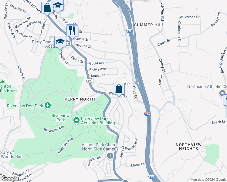 map of restaurants, bars, coffee shops, grocery stores, and more near 301 Venture Street in Pittsburgh