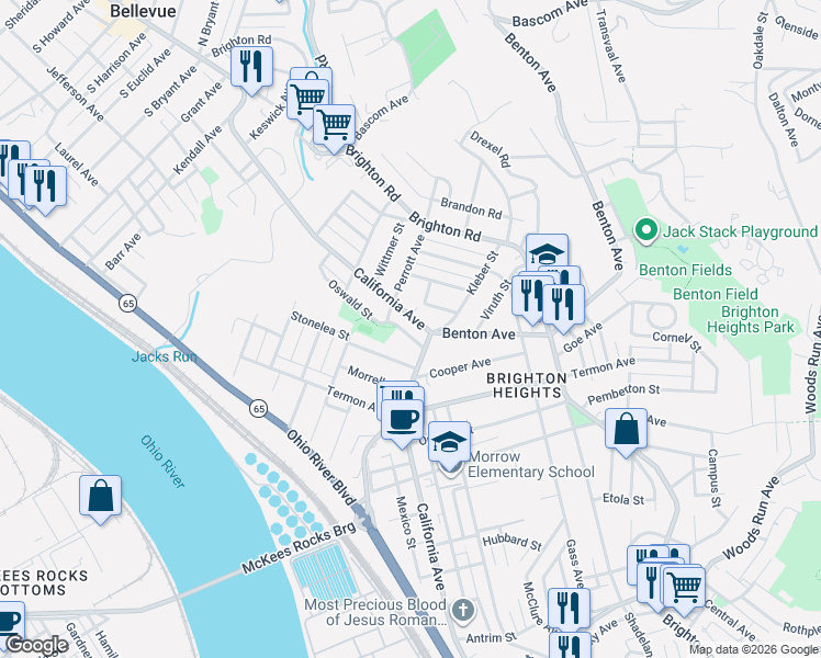 map of restaurants, bars, coffee shops, grocery stores, and more near 3839 California Avenue in Pittsburgh