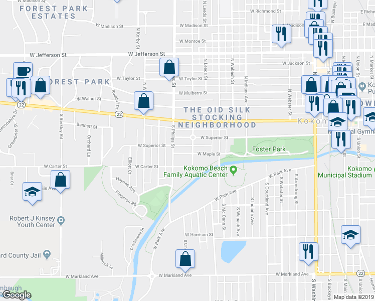 map of restaurants, bars, coffee shops, grocery stores, and more near 1217 West Superior Street in Kokomo