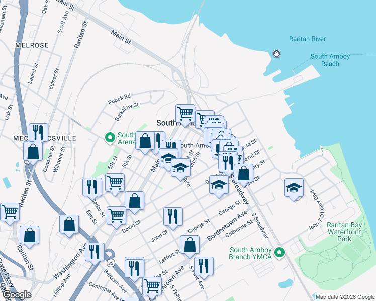 map of restaurants, bars, coffee shops, grocery stores, and more near 226 1st Street in South Amboy