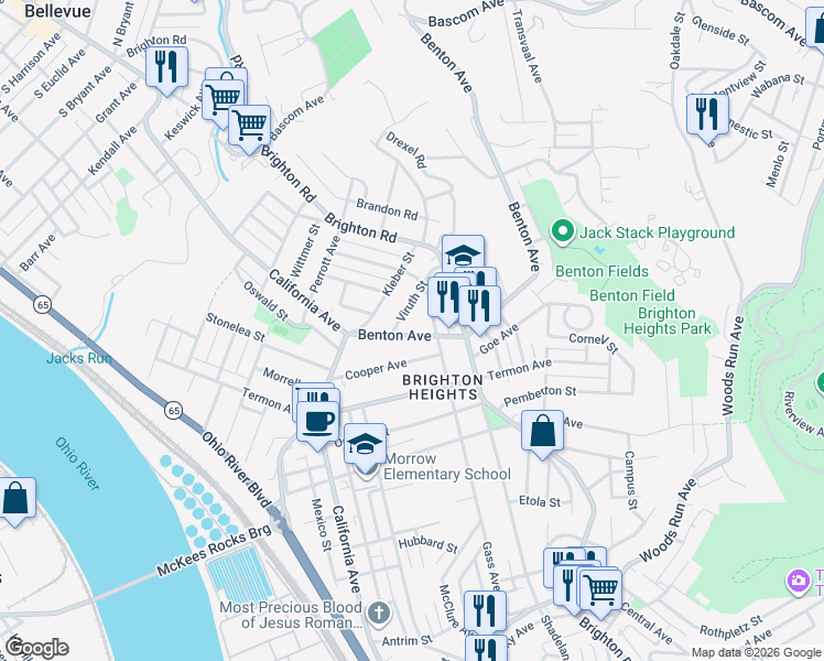 map of restaurants, bars, coffee shops, grocery stores, and more near 1819 Viruth Street in Pittsburgh