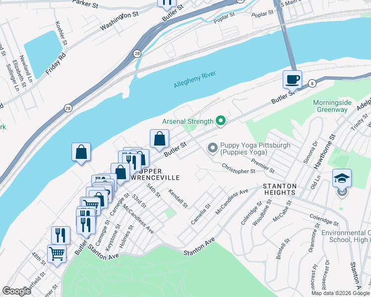 map of restaurants, bars, coffee shops, grocery stores, and more near 5633 Butler Street in Pittsburgh