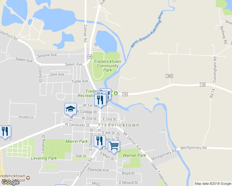 map of restaurants, bars, coffee shops, grocery stores, and more near 199 Mill Street in Fredericktown