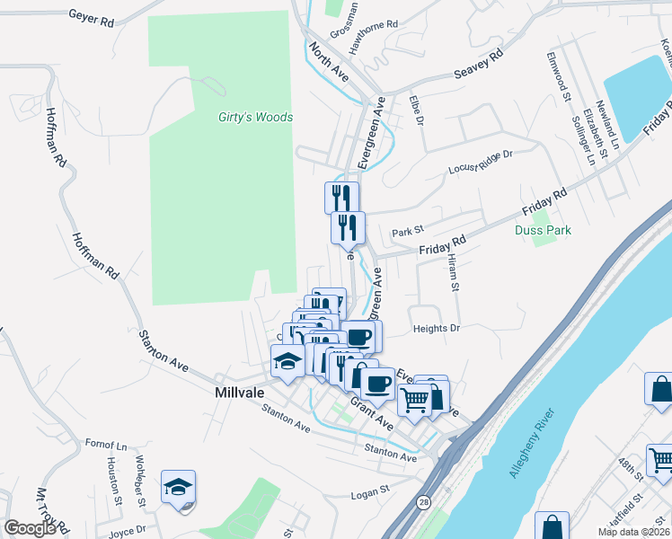 map of restaurants, bars, coffee shops, grocery stores, and more near 612 Mary Street in Pittsburgh