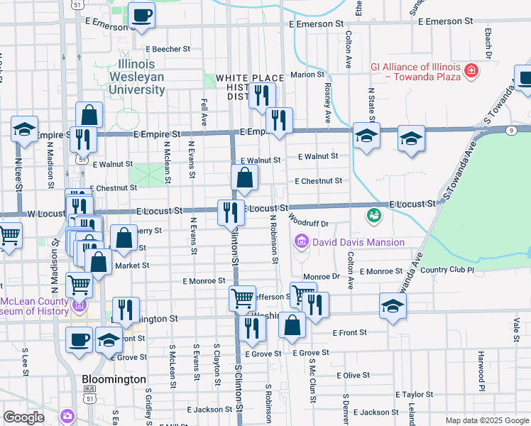 map of restaurants, bars, coffee shops, grocery stores, and more near 621 East Locust Street in Bloomington